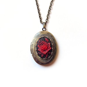 Red Rose Locket Antique style silver Locket. Gift For Her. Christmas Gift. Valentine's Day. Rose Locket. Photo Locket.Bridesmaid Gift