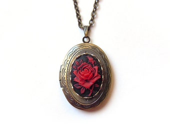 Red Rose Locket Antique style silver Locket. Gift For Her. Christmas Gift. Valentine's Day. Rose Locket. Photo Locket.Bridesmaid Gift