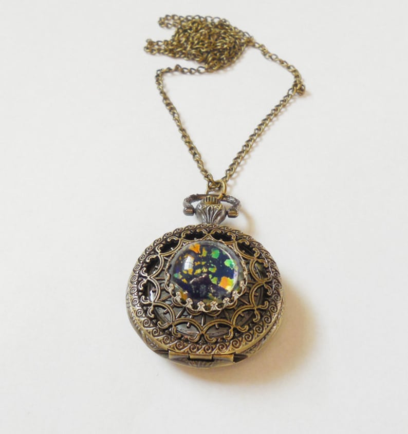 Pocket Watch Necklace Dark Blue Glass Opal Pocket Watch Locket Etsy
