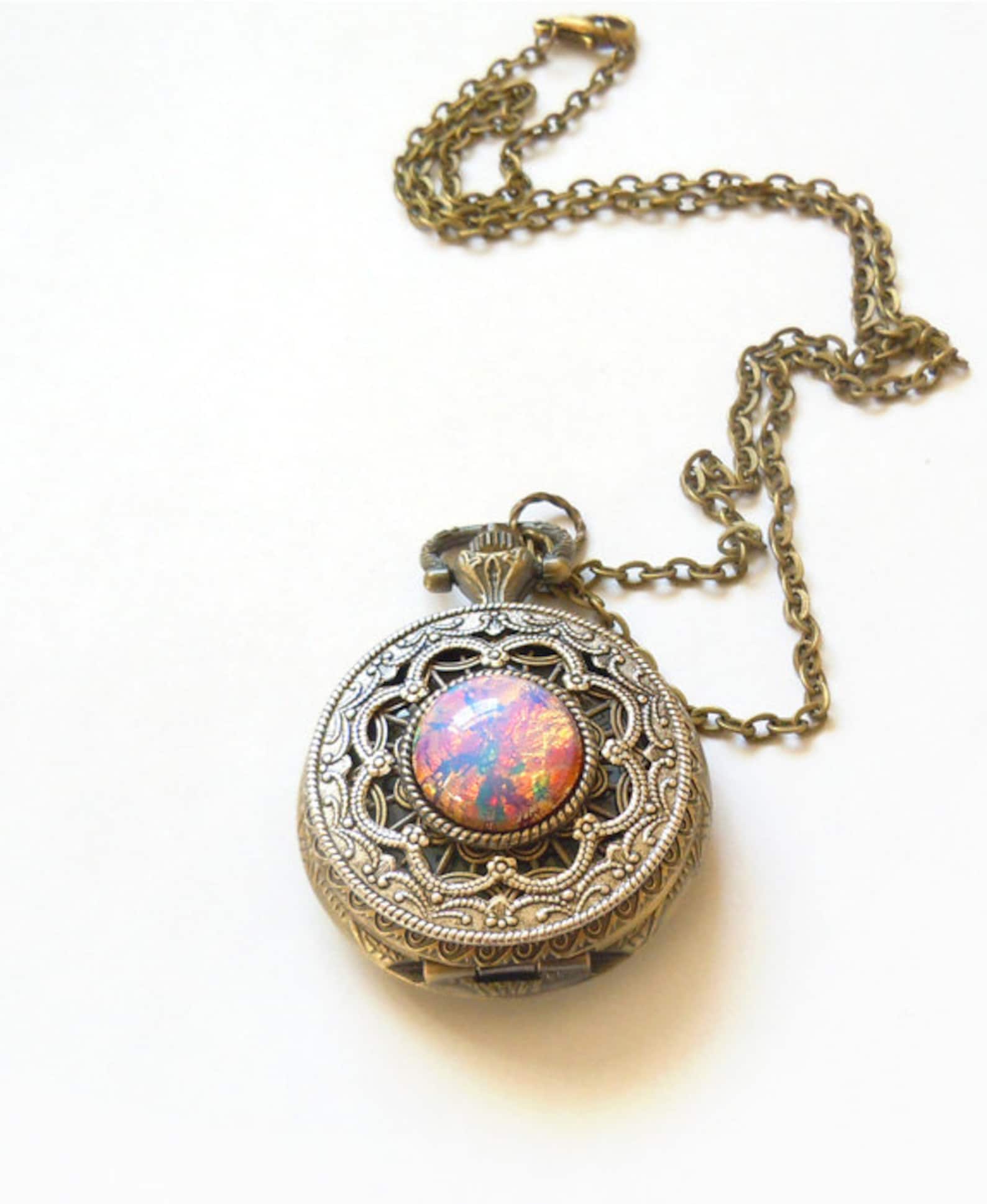 Pocket Watch Locket Style Necklace Pink Fire Opal Pocket Watch Etsy