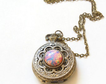 Pocket Watch Necklace. Pink  Fire Opal Pocket Watch Necklace.  Gift For Her. Watch Necklace. Birthday Gift. Mother's Day Gift