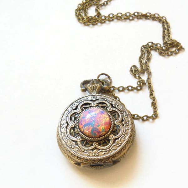 Pocket watch Locket style necklace Pink  Fire Opal Pocket watch  Necklace--Mother's Day gift --gift for her-watch  necklace Christmas gifts