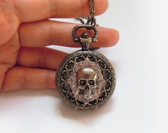 Skull  Pocket Watch Necklace. Father's Day Gift, Groomsman Gift Birthday Gift