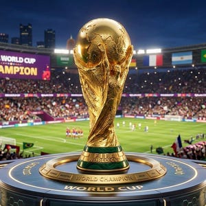 May include: A golden FIFA World Cup trophy on a pedestal, with the words "WORLD CHAMPION" and "WORLD CUP" inscribed. The background shows a stadium filled with spectators and flags, with the text "FIFA WORLD CUP CHAMPION".