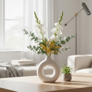 以下が含まれることがあります： 円形の開口部がある白いセラミック花瓶には、花の配置がされています。アレンジメントには、白いグラジオラス、緑のユーカリ、黄色のミモザが含まれています。小さな鉢植えの植物が木製のテーブルの上にあります。背景には窓と白いソファがあります。