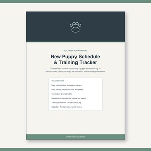 May include: A New Puppy Schedule & Training Tracker document with a dark blue header featuring a white paw print icon. The text includes sections for daily routines, potty tracking, vaccination schedules, and training milestones for puppy owners.