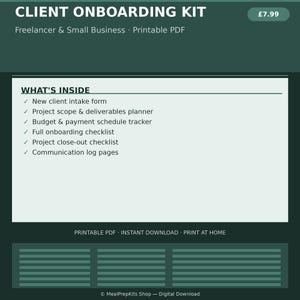 May include: A dark green digital client onboarding kit for freelancers and small businesses. The printable PDF includes a new client intake form, project scope and deliverables planner, budget and payment schedule tracker, onboarding and close-out checklists, and communication log pages.