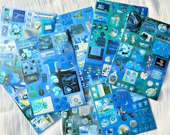 May include: A collection of multiple sticker sheets featuring a variety of blue-themed illustrations, including digital icons, cartoon characters, household objects, and abstract shapes, all arranged in a collage format on rectangular paper sheets.