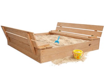Holzsandkasten 120 x 120 cm mit abschließbarem Deckel und Bänken – Sandkasten für Kinder, abschließbarer Gartenkasten, Spielplatz