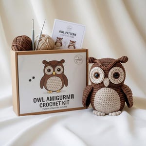 May include: A brown and beige owl amigurumi crochet kit. The kit includes a crochet owl, yarn, crochet hooks, and a pattern. The box reads "OWL AMIGURUMI CROCHET KIT" with a cartoon owl illustration. The finished owl is approximately 6 inches tall.