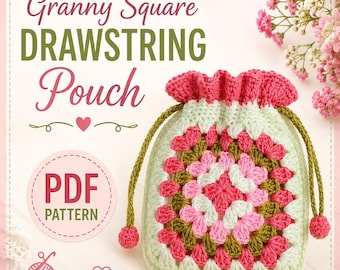 Häkelanleitung für ein quadratisches Beutelchen mit Kordelzug im Vintage-Stil mit Blumenmuster (PDF-Download)