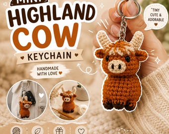 Häkelanleitung für eine Mini-Hochlandkuh, Amigurumi-Schlüsselanhänger mit Bauernhoftier (PDF-Download)