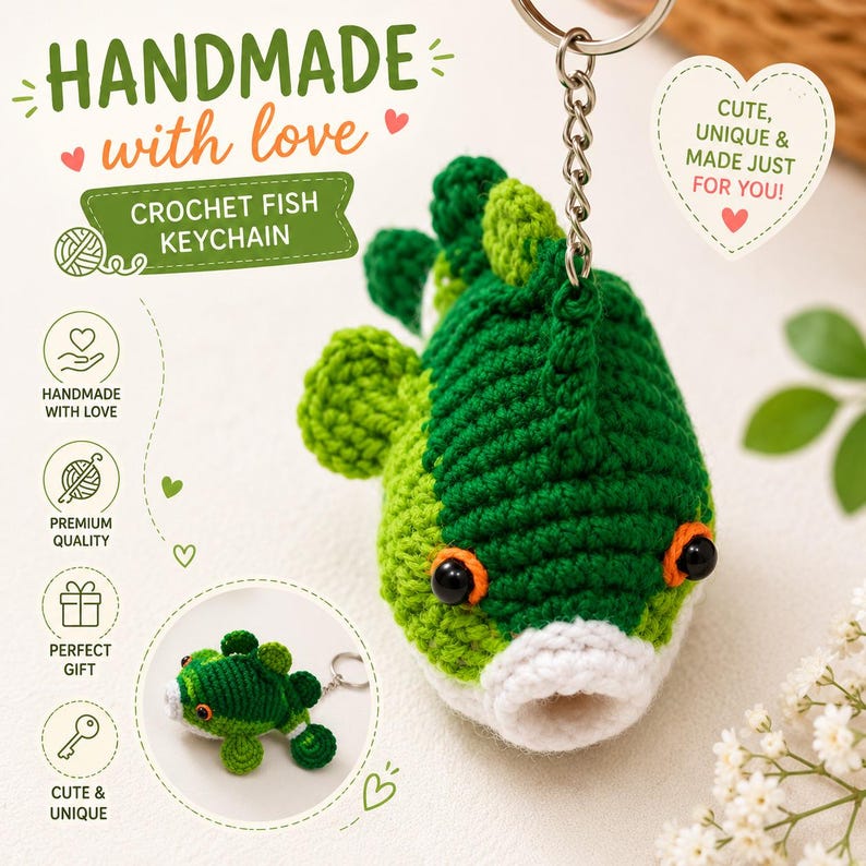 May include: A green and light green crochet fish keychain with black eyes and a white mouth. The keychain features a metal ring and chain. Text on the image includes: HANDMADE with love, CROCHET FISH KEYCHAIN, CUTE, UNIQUE & MADE JUST FOR YOU!