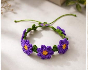 Häkelanleitung für ein Armband mit lila Blume (PDF-Download), Boho-Schmuck-Tutorial