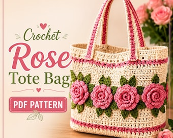 Häkelanleitung für eine Tragetasche mit Blumenmuster, 3D-Rosenapplikation, Sommerhandtasche (PDF)