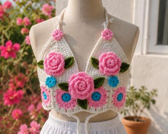 Häkelanleitung für ein Neckholder-Top, florales Oma-Quadrat-Boho-Crop-Top (PDF-Download)