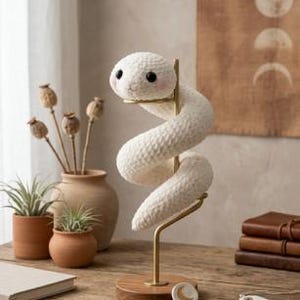 Puede incluir: Un juguete de serpiente blanco y afelpado con ojos negros y una expresión sonriente, montado sobre un soporte de metal dorado con una base de madera. La serpiente está enrollada y expuesta sobre un escritorio de madera, con un pequeño objeto de cerámica en forma de luna delante.
