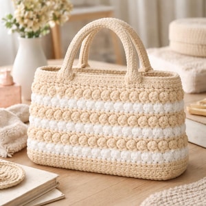 May include: A beige and white crocheted handbag with two handles. The bag features horizontal stripes of beige and white bobble stitch. The bag is sitting on a wooden surface.