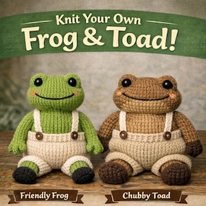 May include: Two knitted frog and toad plush toys. The green frog and brown toad wear cream-colored overalls with brown buttons. The text "Knit Your Own Frog & Toad!" is at the top. The frog is labeled "Friendly Frog" and the toad is labeled "Chubby Toad".