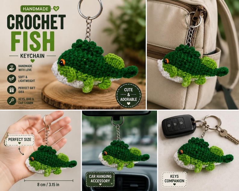 May include: A handmade crochet fish keychain featuring a dark green upper body, light green fins, and a white underbelly with a small orange eye. The keychain includes a metal ring and chain, measuring 8 cm or 3.15 inches in length.
