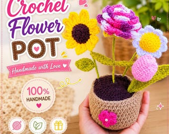 Häkelanleitung für einen Blumenstrauß (PDF), Sonnenblumen, Rosen, Gänseblümchen, Tulpenkorb (Digitaler Download)