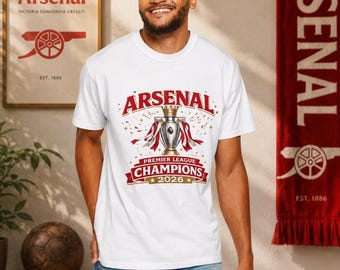 Arsenal Premier League Champions 2026 T-Shirt | Trophy, Banner, Red & Gold