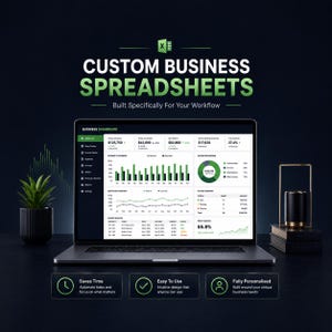 Puede incluir: Una computadora portátil muestra una interfaz de hoja de cálculo empresarial personalizada con gráficos y visualizaciones de datos. La pantalla muestra datos financieros, con el texto "CUSTOM BUSINESS SPREADSHEETS" y "Built Specifically For Your Workflow". Iconos y texto resaltan características.