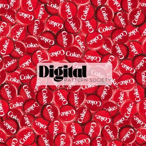 May include: A pattern of red Coca-Cola bottle caps with the word "Coke" in white script. The caps are scattered across the image, creating a textured background. The text "Digital Pattern Society" is overlaid on the image.