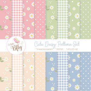Pode incluir: Uma coleção de 16 padrões sem costura com tema de margaridas. Os padrões incluem bolinhas, xadrez vichy e motivos de margaridas em cores pastel como rosa, verde e azul. A imagem também inclui o texto "Cute Daisy Pattern Set".