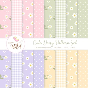 Pode incluir: Uma coleção de dezasseis padrões de margaridas sem costura em cores pastel, incluindo rosa, verde, lavanda e amarelo. Os padrões apresentam margaridas, bolinhas e xadrez vichy. O texto diz "Cute Daisy Pattern Set".