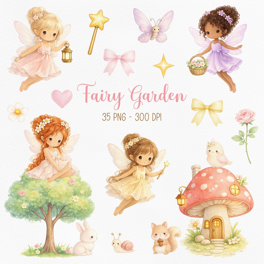 Cute Watercolor Fairy Garden Clipart, Enchanted Forest Art, Magical ...