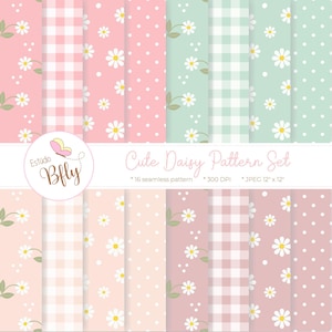 Pode incluir: Uma coleção de dezesseis padrões sem costura com desenhos de margaridas. Os padrões incluem fundos rosa, verde menta e pêssego com bolinhas, xadrez vichy e motivos de margaridas. O texto "Cute Daisy Pattern Set" é exibido.