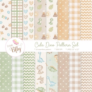 Könnte beinhalten: Eine Sammlung von 16 nahtlosen Mustern mit einem niedlichen Dinosaurier-Thema. Die Muster umfassen Punkte, Herzen und Dinosaurier-Illustrationen in Pastellfarben. Der Text "Cute Dino Pattern Set" ist zu sehen.