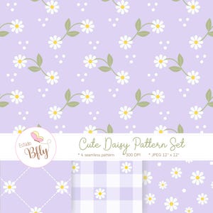 May include: A seamless pattern set featuring white daisies with yellow centers and green leaves on a light purple background. The set includes four patterns, with the text "Cute Daisy Pattern Set".