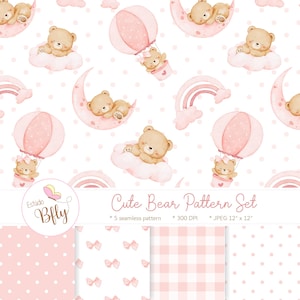 Digital Paper Teddy Bear, Teddy Bear Seamless Pattern, Baby Girl Seamless Pattern Set, Pink Bear Pattern Set