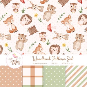 Watercolor Woodland Seamless Patterns Set, Forest Animals Nursery Patterns, Woodland Fabric Design, Forest Animals, Instant Download