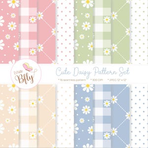 Pode incluir: Uma coleção de 16 padrões sem costura com margaridas em vários designs. Os padrões incluem xadrez, bolinhas e arranjos florais em cores pastel como rosa, verde e azul. O conjunto tem 30,48 cm x 30,48 cm e 300 DPI. O texto diz "Cute Daisy Pattern Set".
