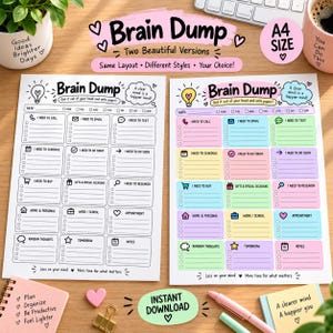 May include: Two A4 size Brain Dump planner sheets featuring task categories like I Need to Call, Email, Text, Schedule, Buy, and Research. One sheet is black and white, while the other uses pastel colours for each section, including checkboxes and lines.