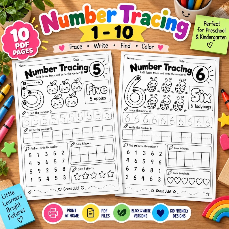 Number Tracing 1-10 Worksheets | Preschool Counting Activities ...
