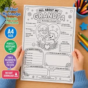 Peut inclure: Une fiche d'activité imprimable en noir et blanc intitulée All About My Grandpa, avec une illustration centrale d'un grand-père et d'un enfant dans un cœur, des sections à remplir, un espace de dessin et des motifs de fleurs et d'étoiles.