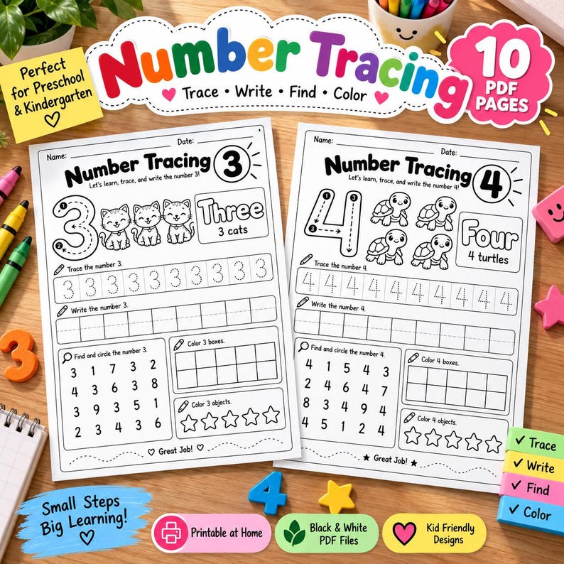 Number Tracing 1-10 Worksheets | Preschool Counting Activities ...