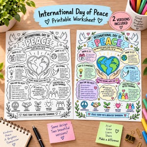 Puede incluir: Dos hojas de trabajo imprimibles sobre el Día Internacional de la Paz con texto educativo, un globo terráqueo en forma de corazón e ilustraciones de palomas. Una versión es en blanco y negro, la otra está coloreada con tonos vivos de azul, verde y rosa.