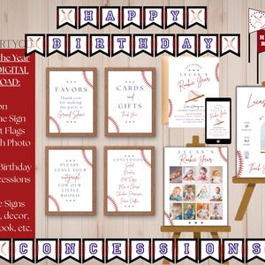 May include: A digital baseball-themed birthday party bundle with signs, banners, and a photo poster. Includes signs for favors, cards, gifts, and concessions. Features pennant flags and a mobile phone mockup.
