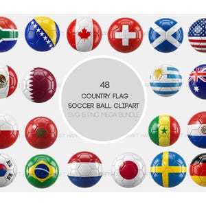 May include: A digital collection of soccer balls featuring various national flags, including South Africa, Canada, Switzerland, and the USA. The central text reads 48 COUNTRY FLAG SOCCER BALL CLIPART SVG & PNG MEGA BUNDLE, showcasing diverse global designs.