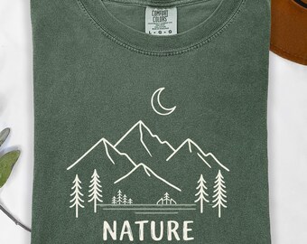 Nature is My Therapy Shirt, Minimal Mountain Graphic Tee, Camping Hiking Gift, Outdoor Lover Comfort Colors Tee