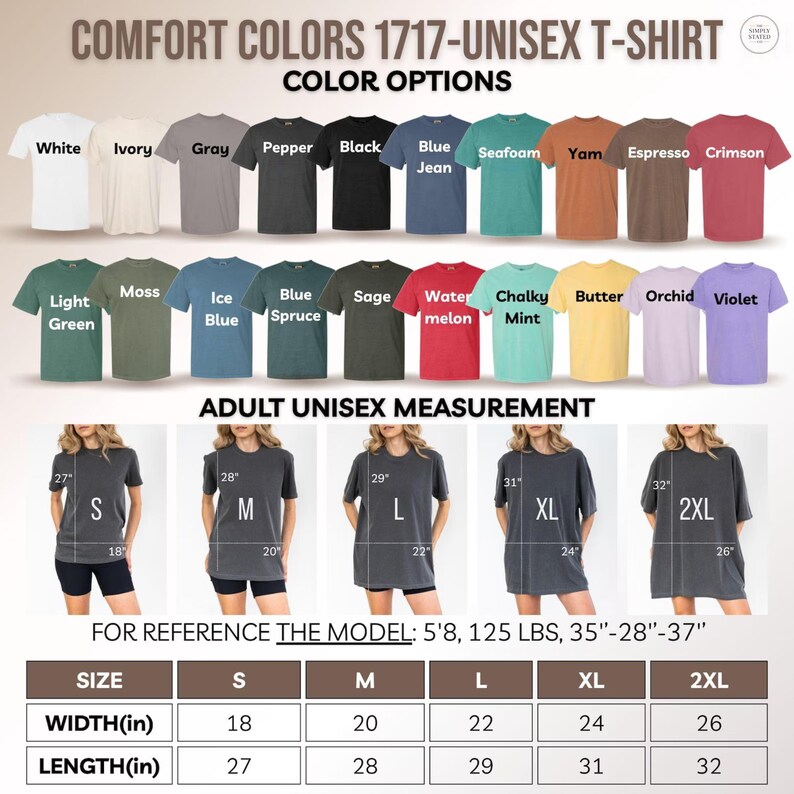 Pode incluir: Imagem de uma camiseta unissex Comfort Colors 1717 com op&ccedil;&otilde;es de cores e medidas unissex para adultos. As cores incluem branco, marfim, cinza, pimenta, preto, azul jeans, espuma do mar, inhame, caf&eacute; expresso, carmesim, verde claro, musgo, azul gelo, abeto azul, s&aacute;lvia, melancia, menta giz, manteiga, orqu&iacute;dea e violeta.