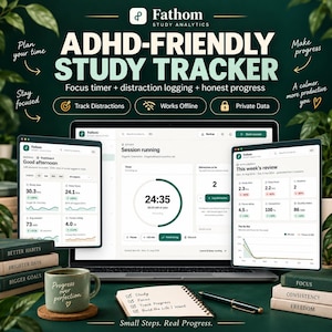 May include: A digital ADHD-friendly study tracker interface displayed on a laptop and two tablets. The screen shows a focus timer, distraction logging, and progress analytics. A green mug with the text Progress over perfection sits nearby.
