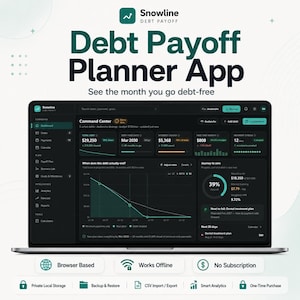 May include: A laptop screen displaying the Snowline Debt Payoff Planner App interface. The dark-themed dashboard shows financial metrics, including total debt of $29,250, a debt-free date of March 2030, interest saved, and a progress chart for debt reduction.