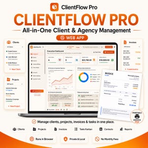 Op de afbeelding: Een laptopscherm met de ClientFlow Pro web-app interface, inclusief een executive dashboard met projectstatistieken, omzetgrafieken en klantenlijsten. Een afdrukbaar factuurdocument is rechts over het scherm heen geplaatst.