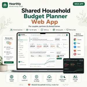 Puede incluir: Una pantalla de portátil que muestra la interfaz de la aplicación web de planificación presupuestaria Hearthly con datos financieros, gráficos y menús. La pantalla incluye secciones sobre gestión de dinero, compatibilidad y herramientas.